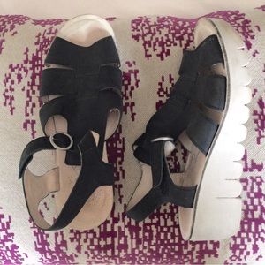 Fly London Black Sandals with Contrasting White Wedge.